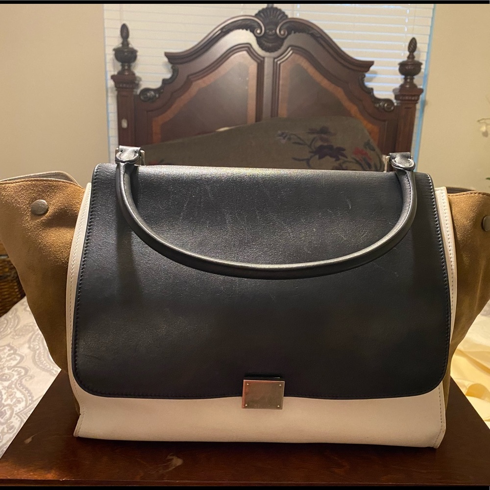 Authentic Celine Trapeze calfskin and suede bag